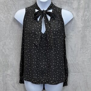 Free People Shirt Womens L Black Floral Bow Keyhole Sleeveless Tunic Top Blouse